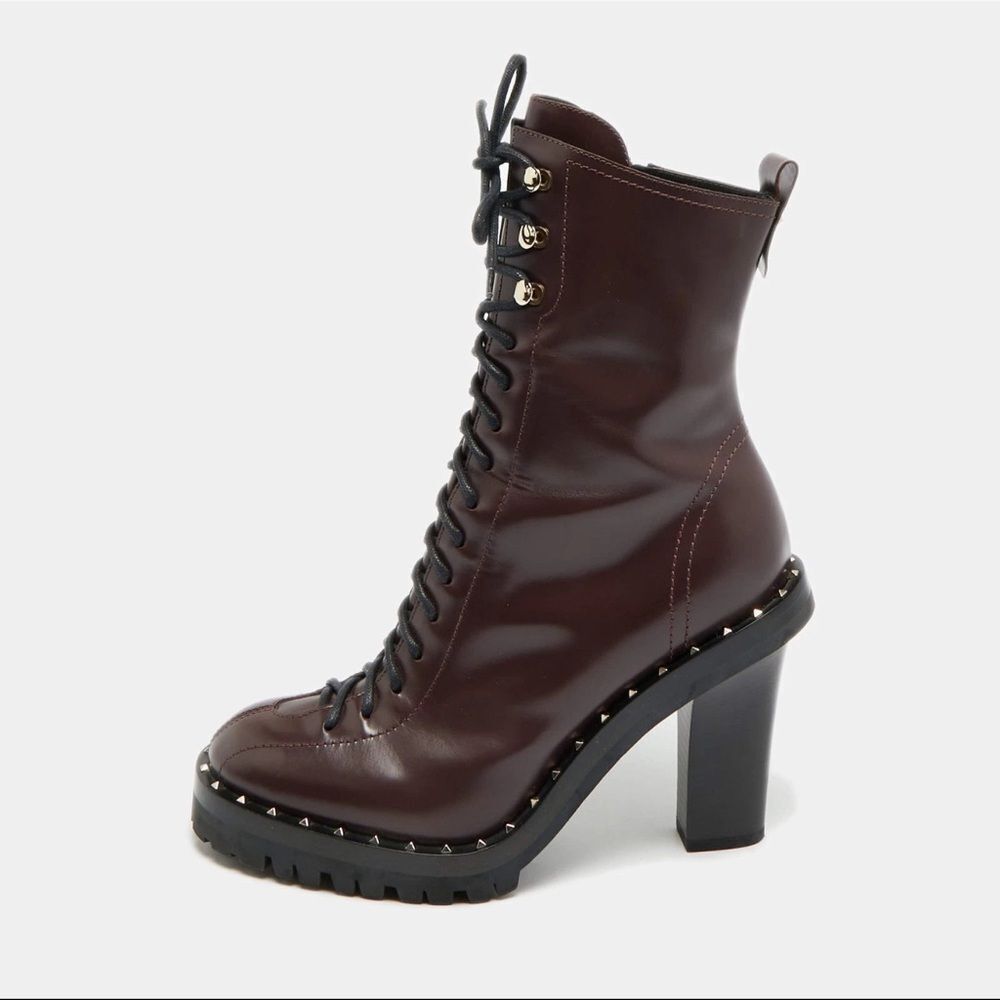 Valentino Rockrunner Burgundy Leather Combat Moto Boots Size 7/ EU 37